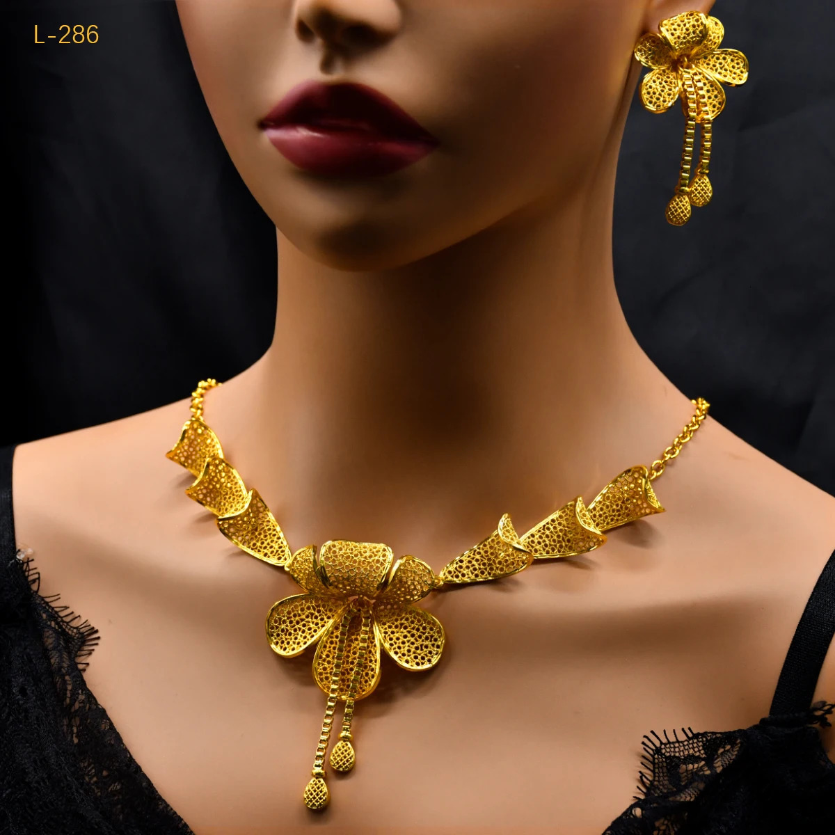 Dubai Indian African Flower Necklace Earrings Jewelry Set For Women 24K Gold Plated Nigeria Bridal Wedding Party Gift Jewellery 250530