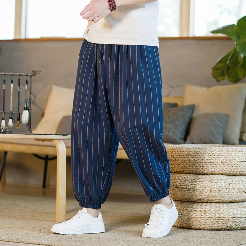 Japanese Style Stripe Summer Cotton Linen Harem Pants Men Streetwear Breathable Beach Male Casual CalfLenght Trousers 250605Z