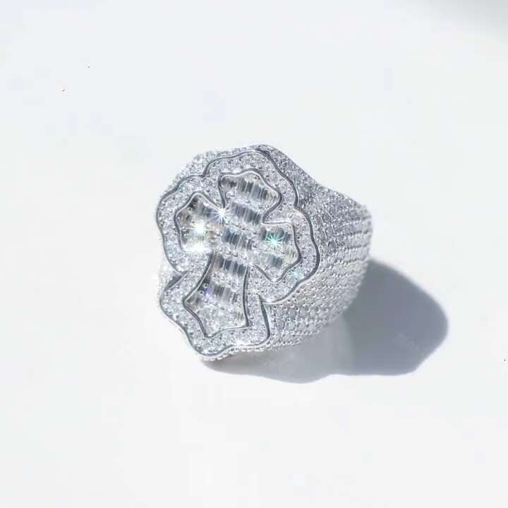 Moissanite Ring Men 925 Sterling Silver Pass Diamond Tester Iced Out Rock Baguette Ring Gold Plated Moissanite Hip Hop Ring