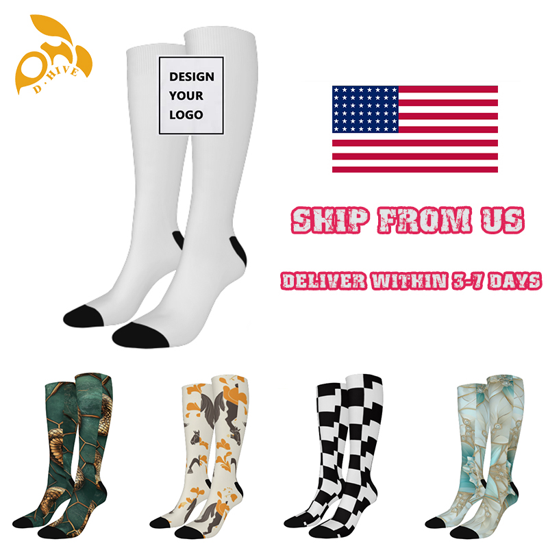 Free delivery Fashion designer customizes lightweight high-quality full-width printed white black socks of 44 centimeters Custom-made stockings