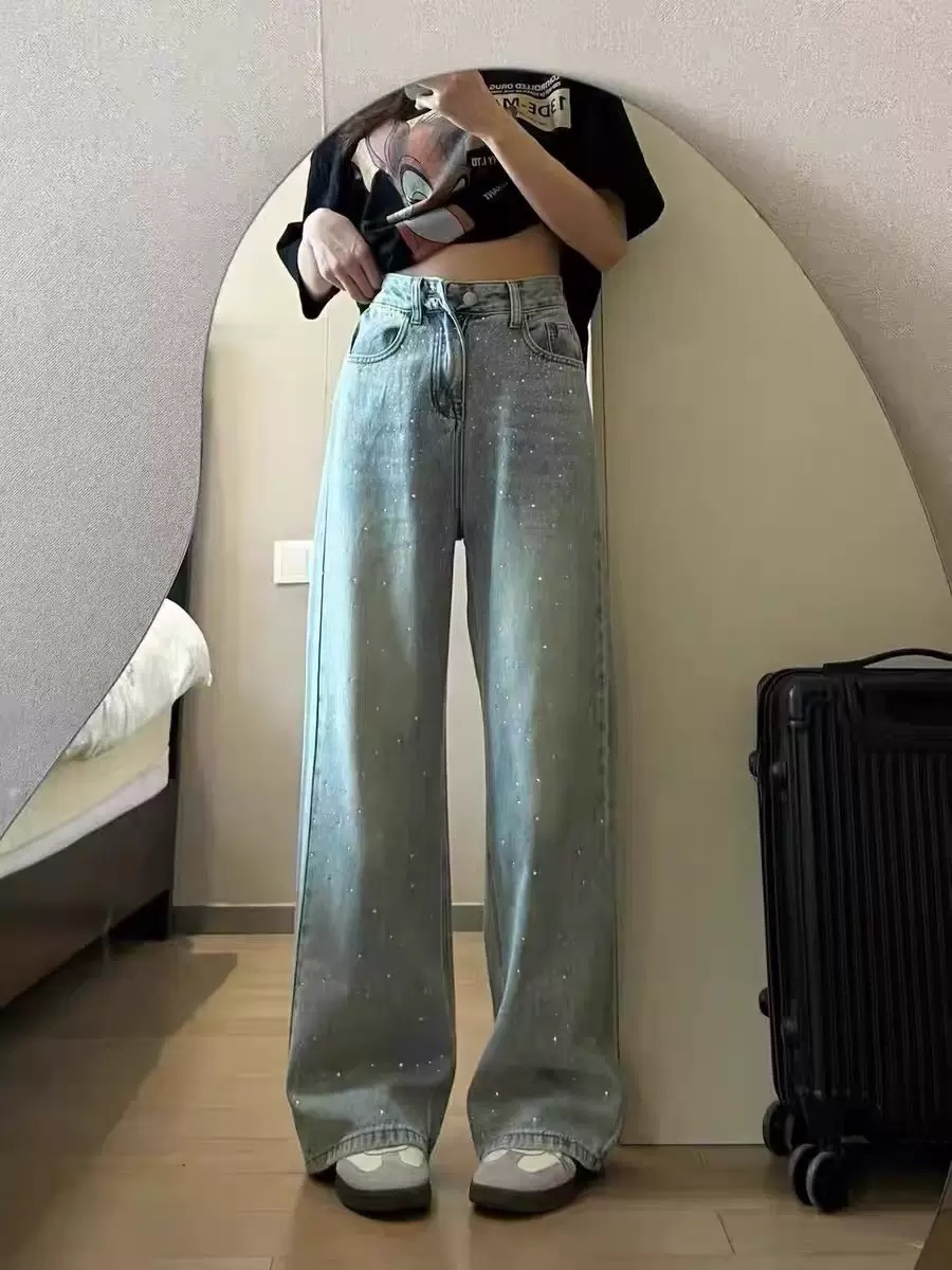 2025 Spring/Summer New Women's Pants Retro Light Color Diamond Adorned Straight leg Women's Jeans New High Waist Slimming Designer Casual Wi