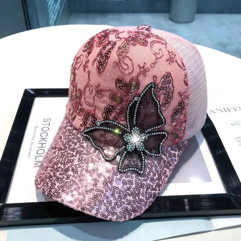 Womens Summer Sunshade Hat with Mesh and Diamond Set Butterfly Baseball Hat Fashionable Sunscreen Sun Duck Tongue Hat 250603