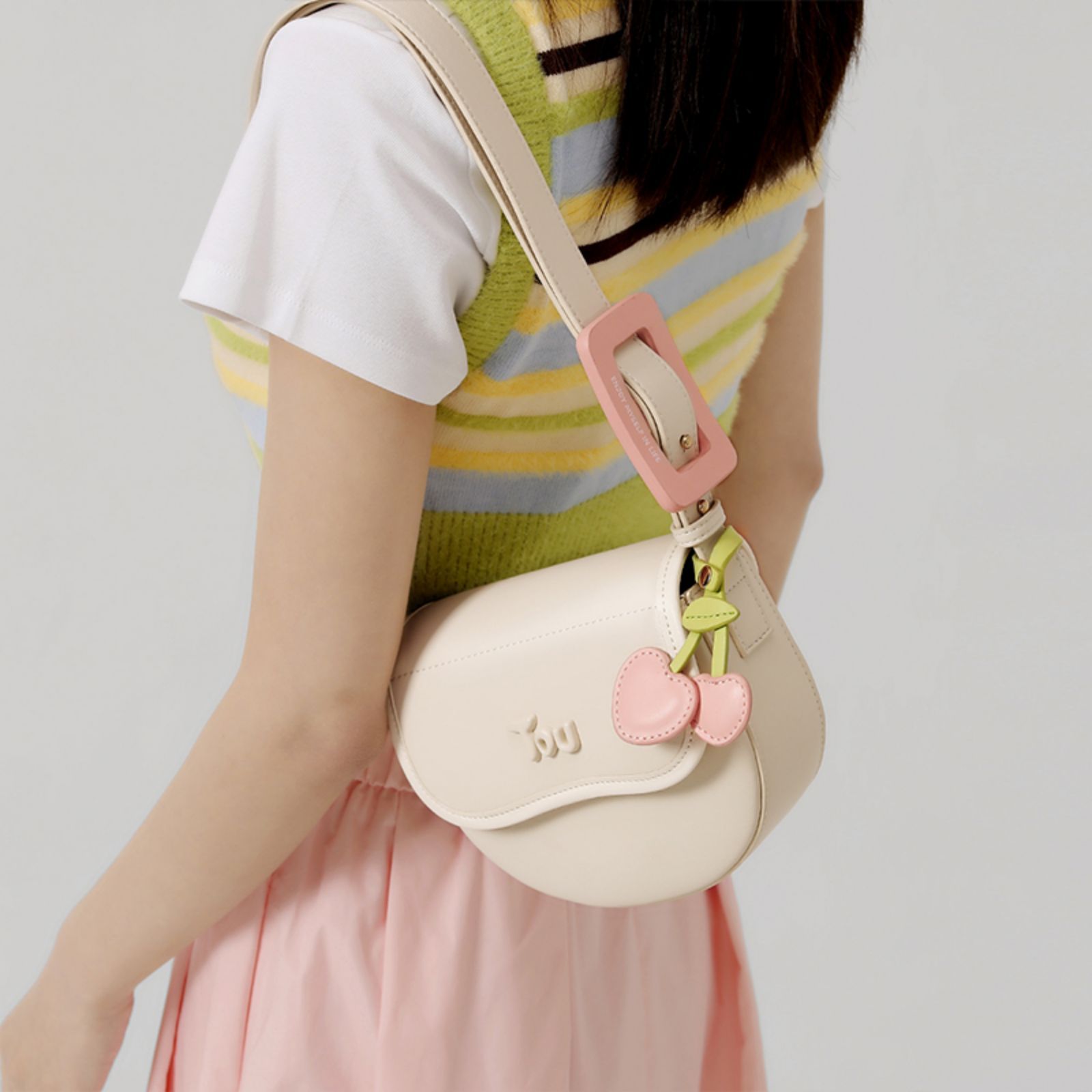 TOUTOU New Premium Texture Cherry Pendant Decorated Mini Saddle Bag Original Handbag Shoulder Bag