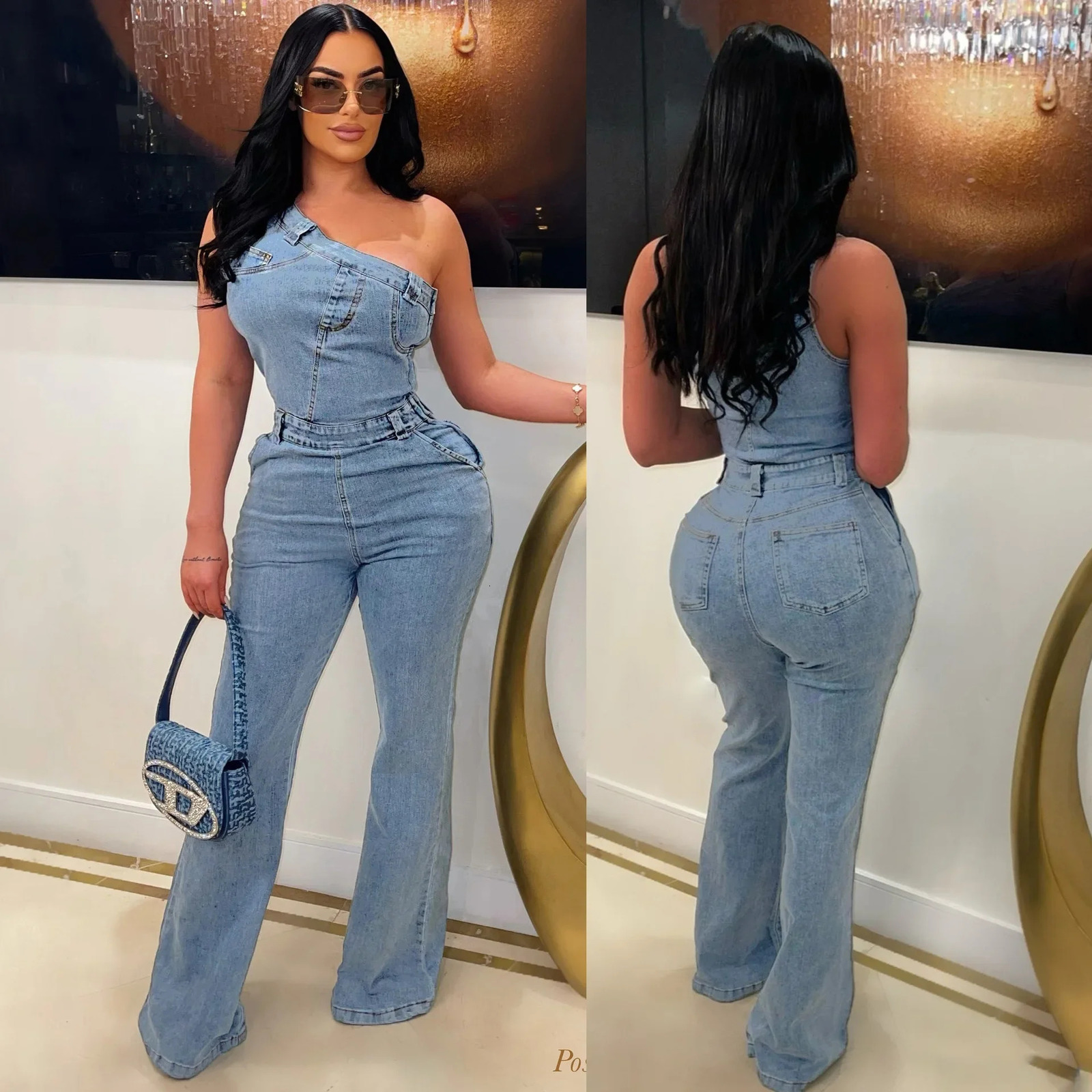 Flare Denim Pants Full Length Women Jeans One Piece Overalls Spliced Solid Jumpsuits Loose Pockets High Waist Basics Washed 250604
