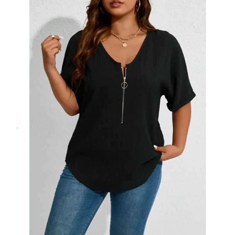 Plus Size 1XL5XL Women Vneck Casual Simple Solid Color Tshirt Tops Ladies Fashionable Short Sleeved Zippered Tshirt 250604