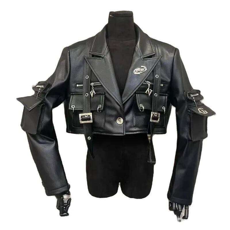 Gmiixder Punk Niche Original Metal Decoration Motorcycle PU Leather Jacket Short Coat Unisex Autumn 2024SS Streetwear
