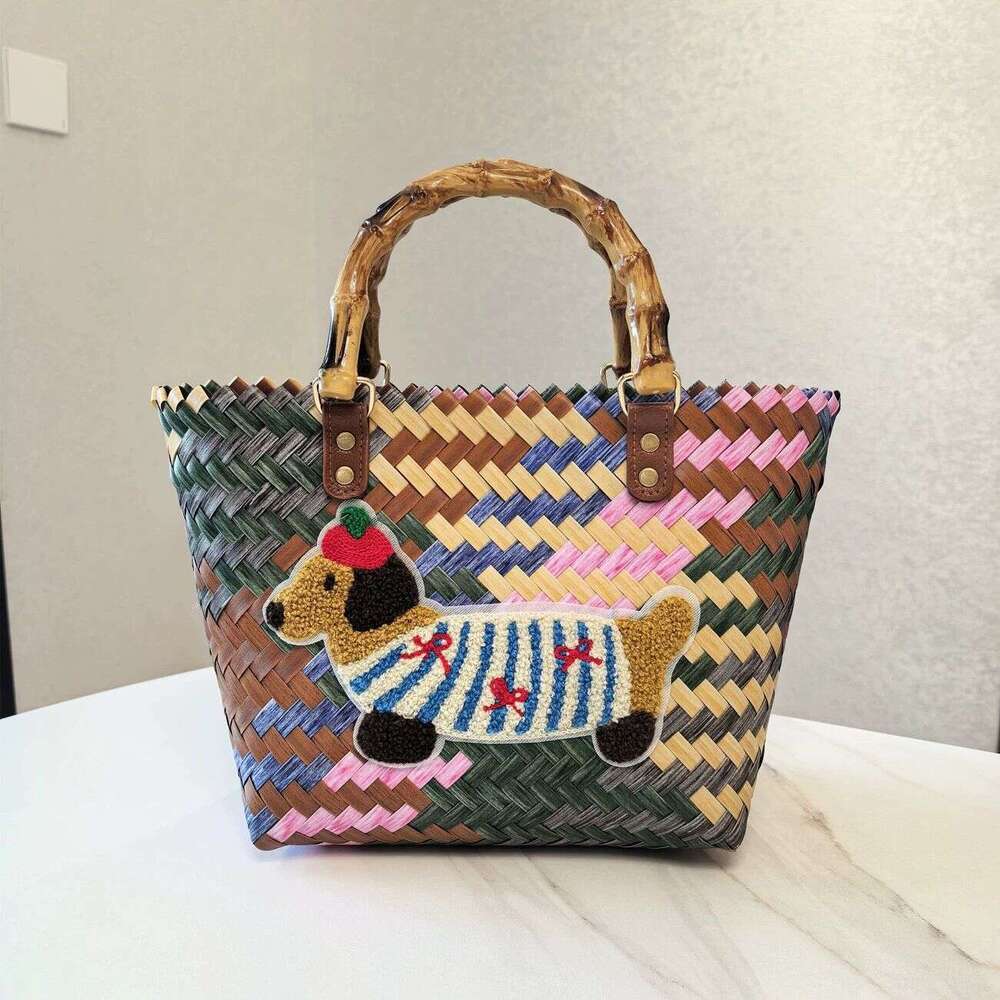 Large Capacity Dachshund Handwoven Vegetable Basket Rattan Handbag Office Sundries Small Tote Picnic Women's Bag