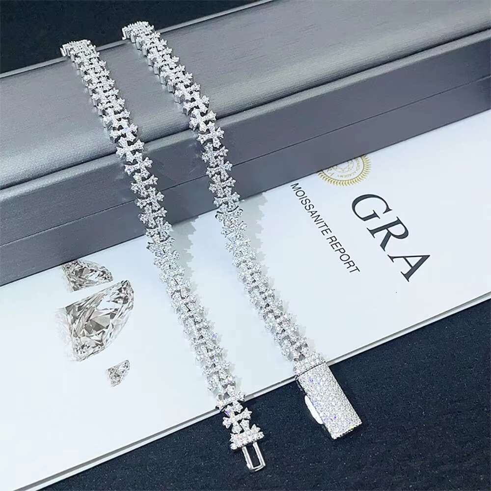 Moissanite 8mm 925 Silver Cross Chain VVS Moissanite Cuban Chain Rap Hip Hop Diamond Necklace Mens and Womens Rock Jewelry