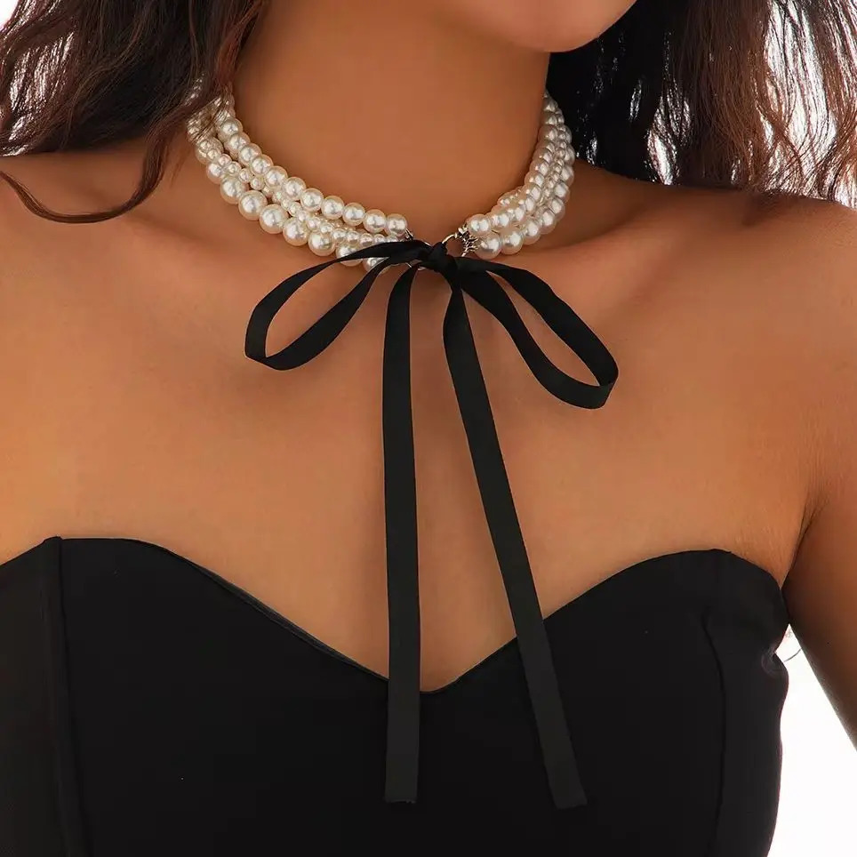 Ingemark Elegant Multilayer Pearl Chain Necklace Women Long Black Velvet Ribbon Bow Choker Wed Bridal Banquet Jewelry 250604
