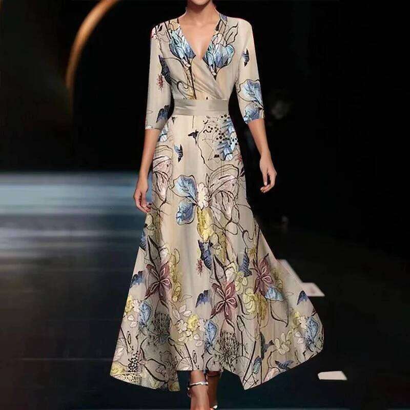 Spring Floral Print Hem A-Line Party Dresses Womens Sexy V Neck Hollow Maxi Summer 3/4 Sleeve Bohemian Long Dress Vestidos