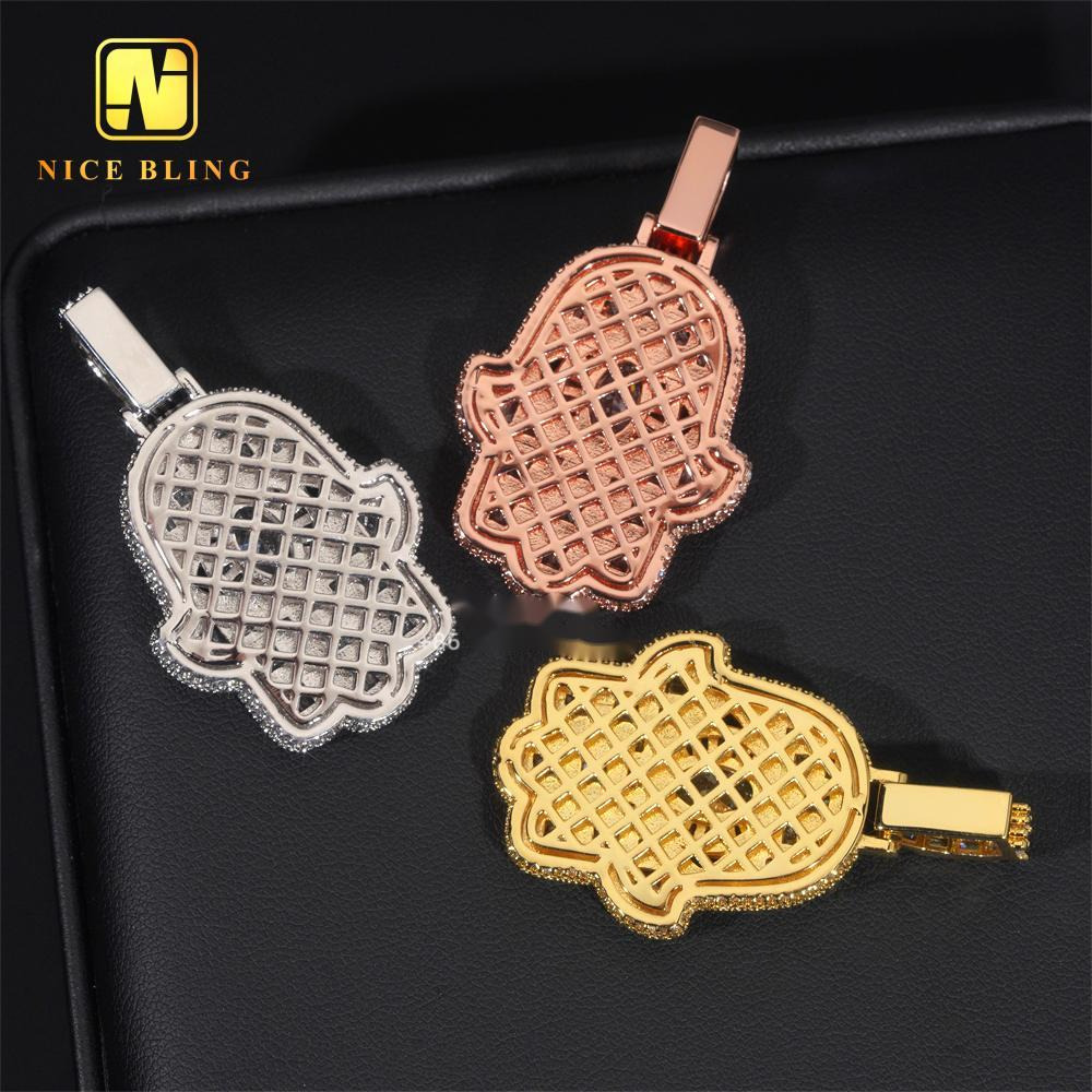 Cheap Price Hamsa Hand Pendant Brass Jewelry Hip Hop Iced Out Emerald Moissanite Diamond Big Eyes Hand Pendant for Men Women