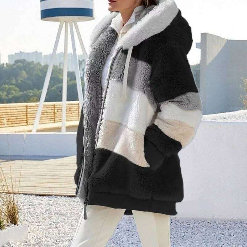 2024 Autumn Winter Warm Plush Patchwork Zipper Pocket Hooded Loose Coat Women