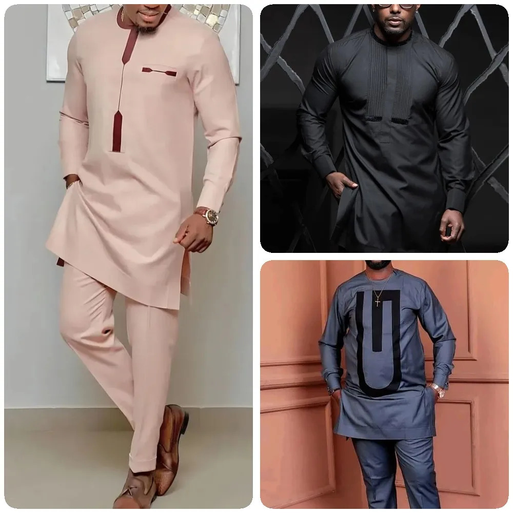 Kaftan Elegant African Mens Set 2 Pieces Outfits Long Sleeve Ethnic Tops And Pants Full Mens Suit Wedding Men Clothing 250603