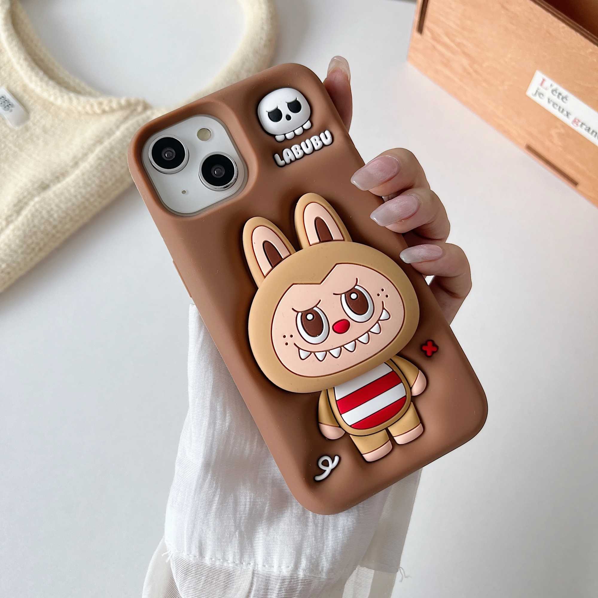 3D Cute Cartoon Stripe Labubu Soft Silicone Phone Case Back Cover For iPhone 14Plus 15Pro 11 12 13 16 Pro Max Telescopic Holder X2506051