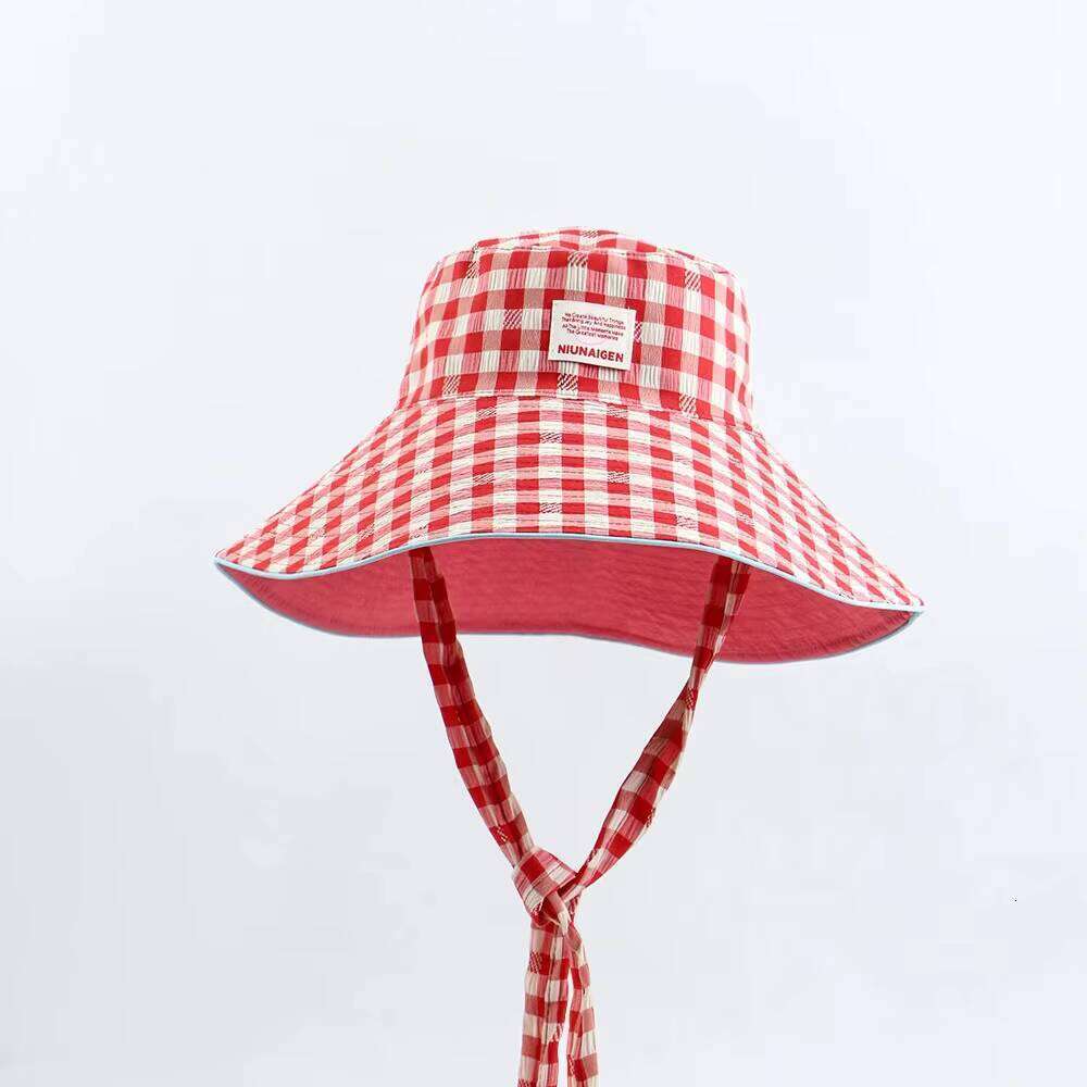 Reversible summer outdoor sun for traveling, lace-up plaid bucket hat, women's large brim, foldable sunshade hat