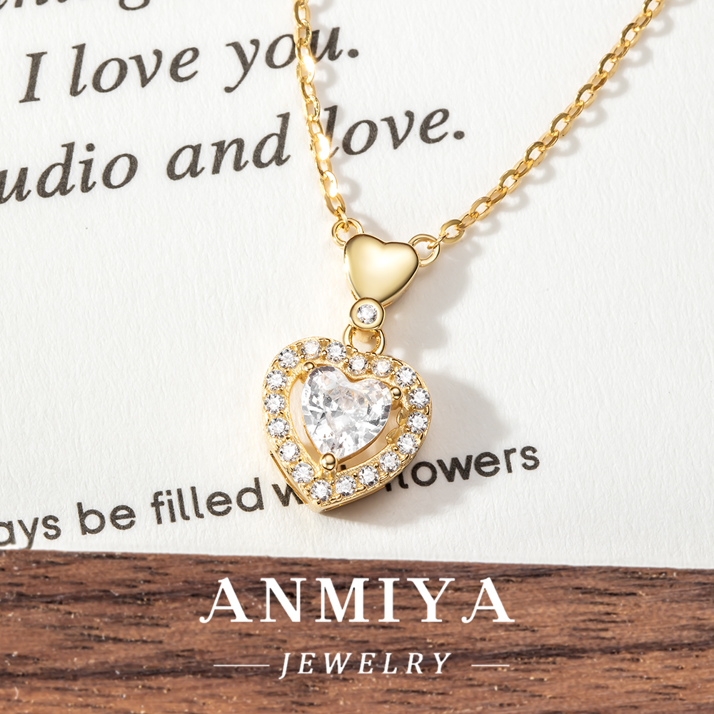 Classic 925 Silver Jewelry Heart Zircon Inlay Pendant Necklace with Heart Shackle for Anniversary Gifts