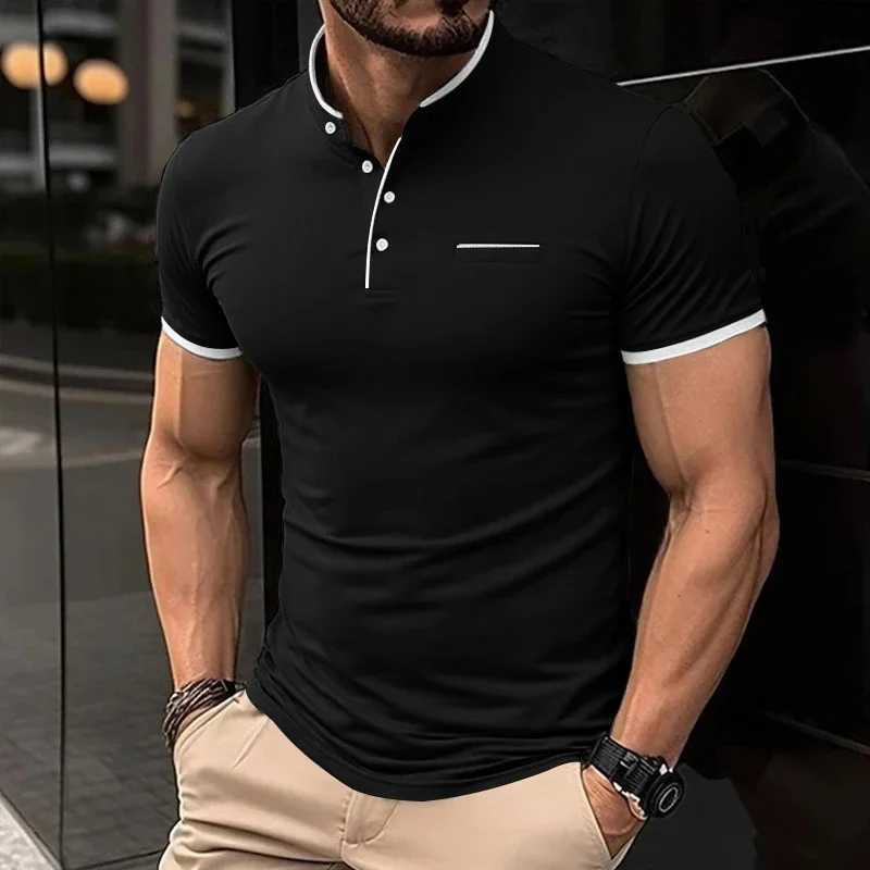 2025 New Mens Casual and Fashionable Solid Color Short Sleeved Stand Up Collar T-shirt Summer Versatile and Comfortable Top XJ250605