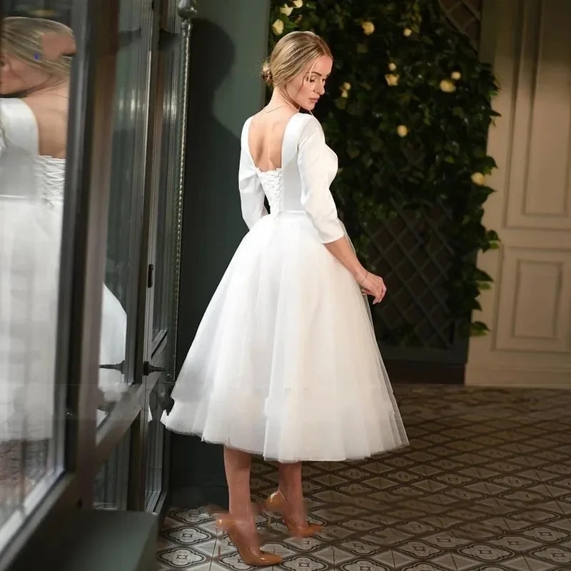 2025 Elegant Simple Short Wedding Dress V-Neck Satin Tulle Tea Length Lace-up A-Line Bride Bridal Party Gowns Vestidos De Novia
