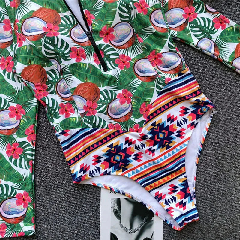 Vigorashely Long Sleeves Rash Guard Women Surf Swimwear Floral One Piece Swimsuit Diving Swimming Shirt Rashguard Wetsuits 250604