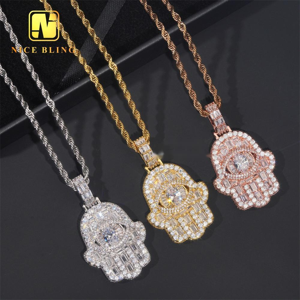 Cheap Price Hamsa Hand Pendant Brass Jewelry Hip Hop Iced Out Emerald Moissanite Diamond Big Eyes Hand Pendant for Men Women