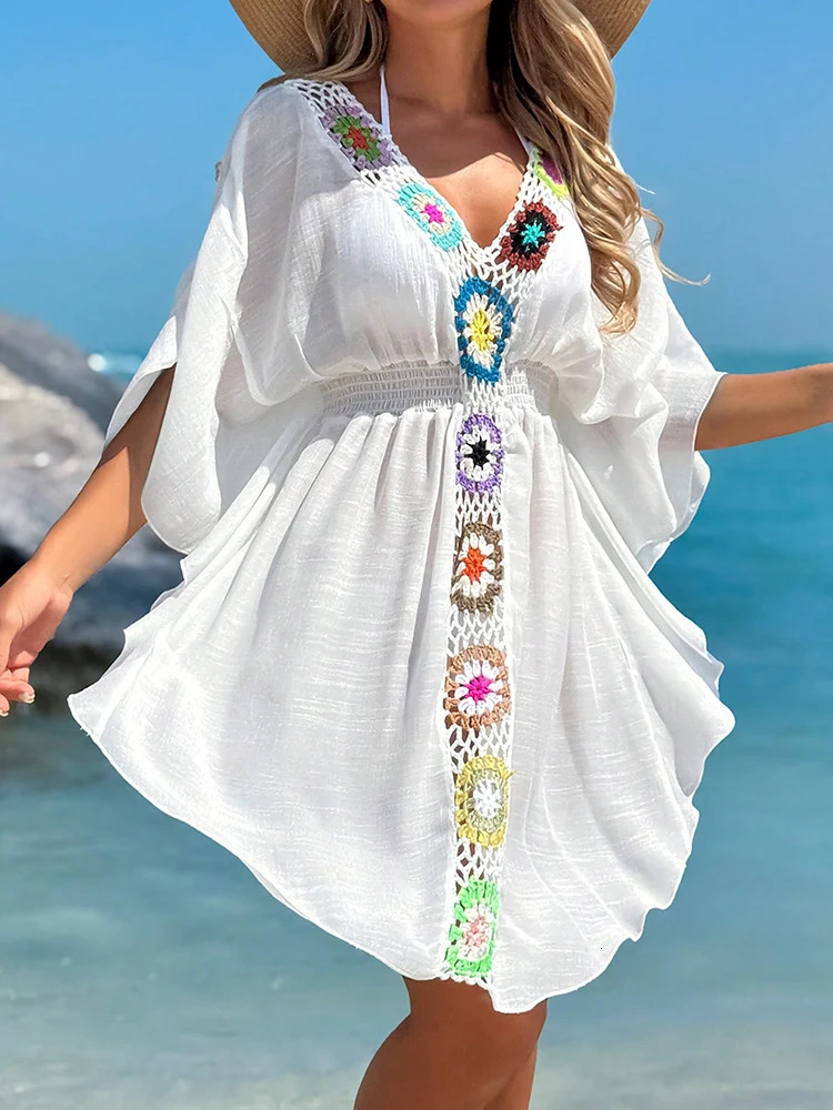 Crochet V Neck White CoverUp Dress Beach CoverUps Swimsuit Summer Bathing Suit Woman Tunic Saida Praia Beachwear 250604
