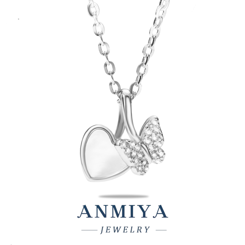 Gold Plated Silver Jewelry Dual Pendant Necklace: Heart and Butterfly with White Shell and Zircon, Luxury Necklace for Evening Events