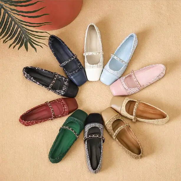 Women Flat pink Shoes Fashion Casual Flat Shoes Plaid Fabric Square Toe Slip On Mary Jane Shoes Outdoor Soft Ballerinas Shoes 250603