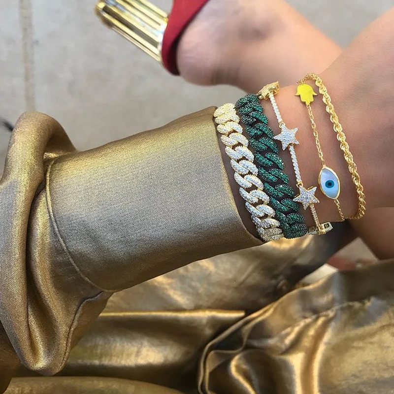 high quality Micro pave 5A cubic zirconia cz iced out bling 10mm colorful cuban link chain bracelet for women 250530