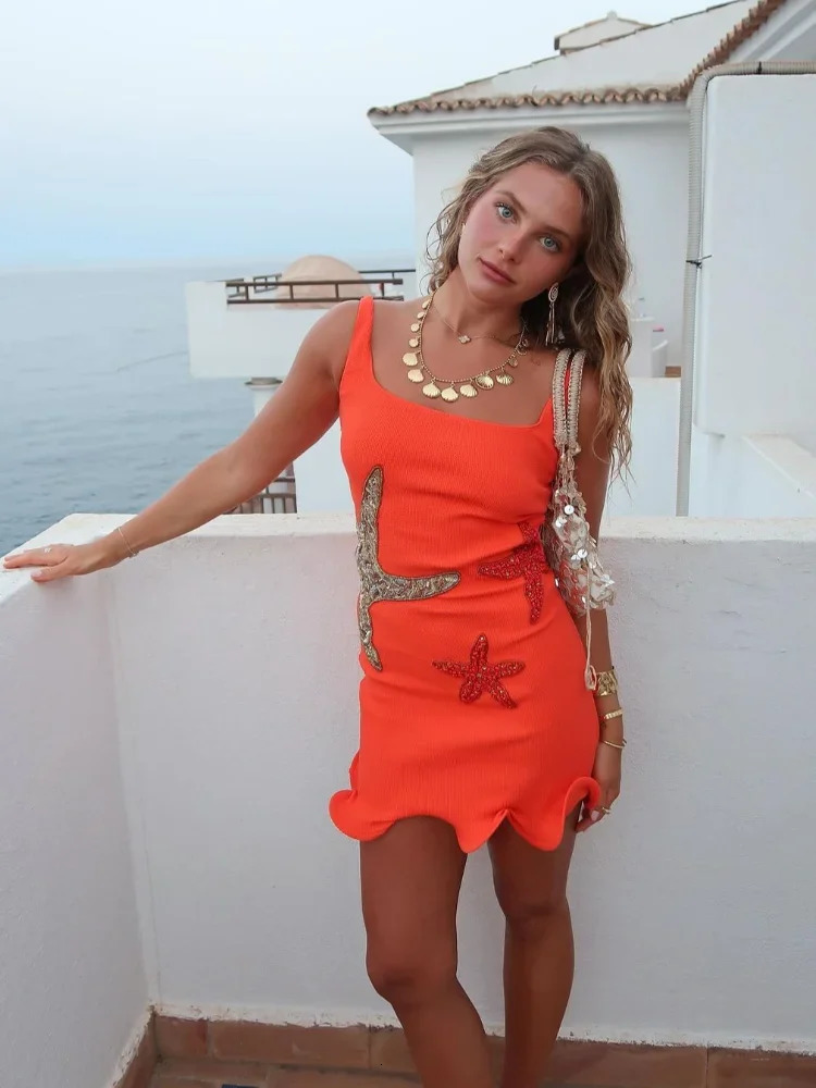 Sexy Women 2025 Summer Beach Shinny Sequins Knit Mini Dress Fashion Sleeveless Slim Fit Hem Vestido 2025 Chic Vacation Lady Wear 250604