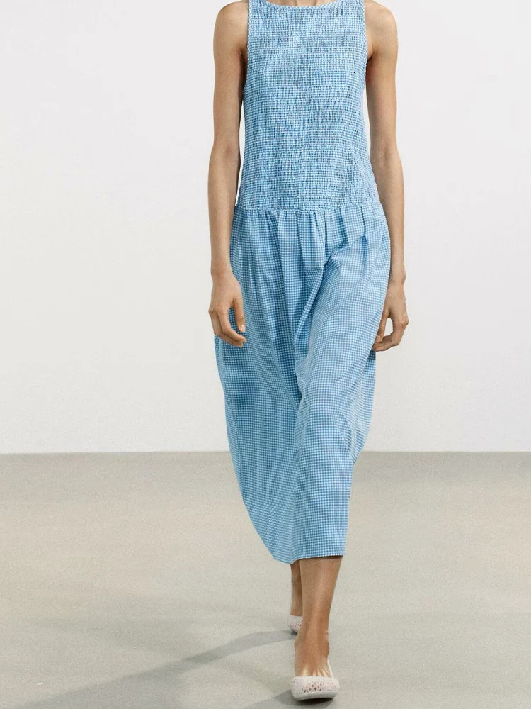 European and American style spring summer honeycomb round neck midi dress sleeveless vest long for women 250604