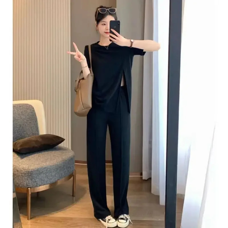 Ice Silk Wide Leg Pants Set Women Summer Korean Fashion Loose n Sense Slit Short Sleeve Top Trendy 250605Z
