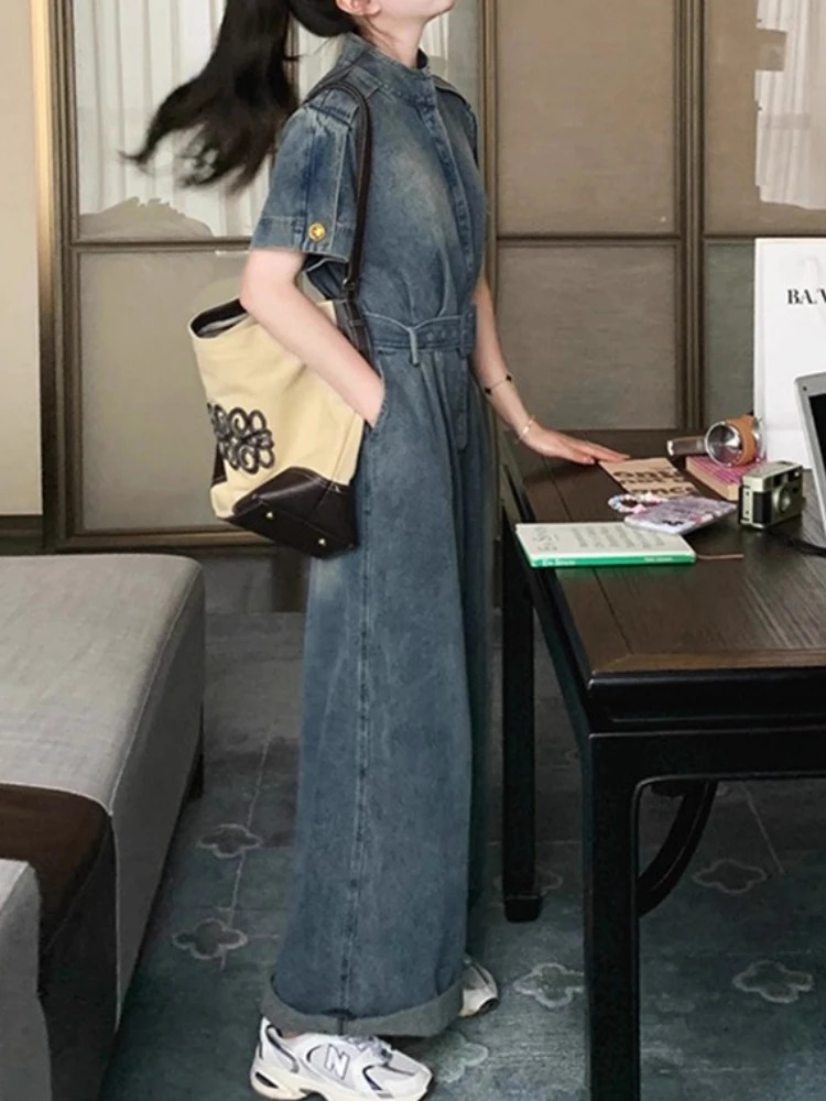 Women Vintage Street Wear Hip Hop Loose WideLeg One Piece Long Sets Jeans Romper in Summer Overalls Short Sleeve Jumpsuit 250604