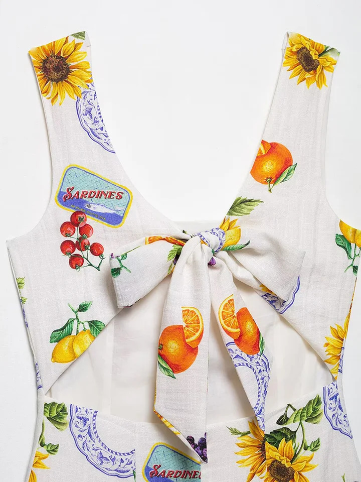 SIYANG Women Fashion Printed Back Hollow Out Bow Lace Up Zipper Mini Dress Vintage Straps Square Neck Female Chic Dresses 250604