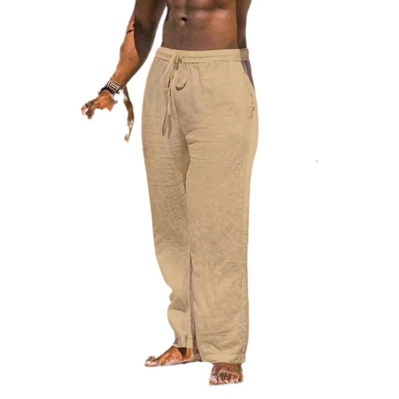 Casual Loose Cotton Linen Men Pants Summer Male High Elastic Waist Wide Leg Sand Holiday Beachwear Straight Full Trousers 250605Z