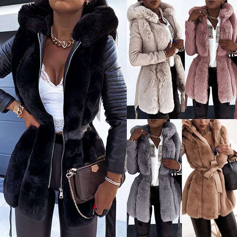 2023 New Autumn Winter Faux Fur Thick Long Hooded Zipper Women Warm Coat with Belt Casaco Feminino