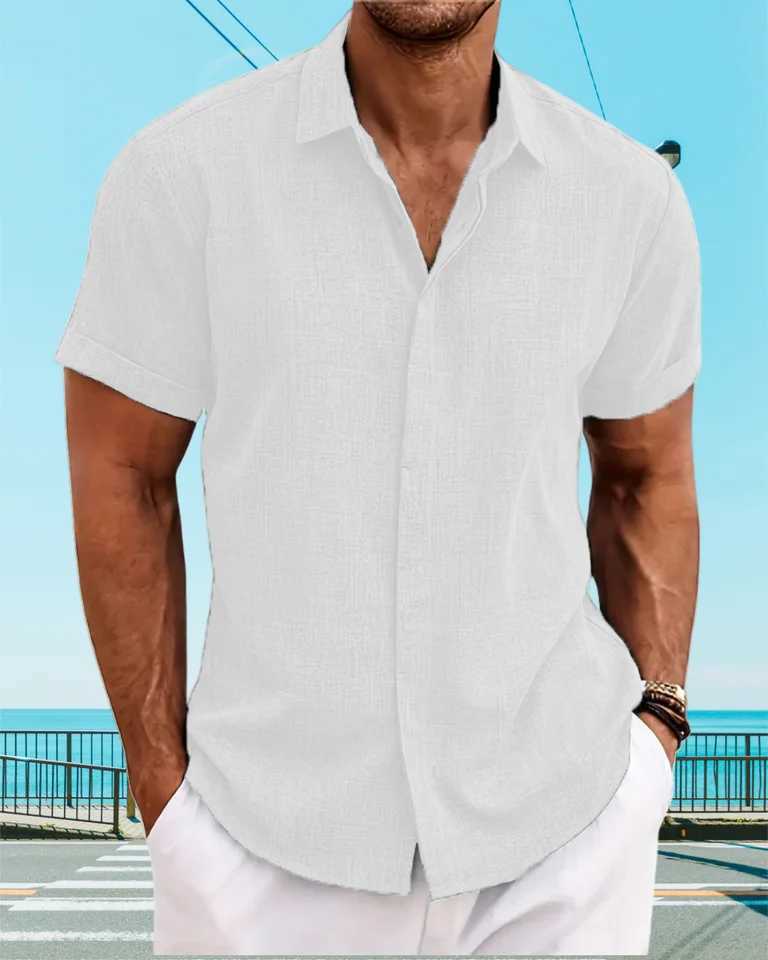 2025 New Mens Summer Hawaiian Daily Versatile Casual Solid-Color Lapel Cardigan Comfortable Beach Short-Sleeved Shirt Top XJ250605