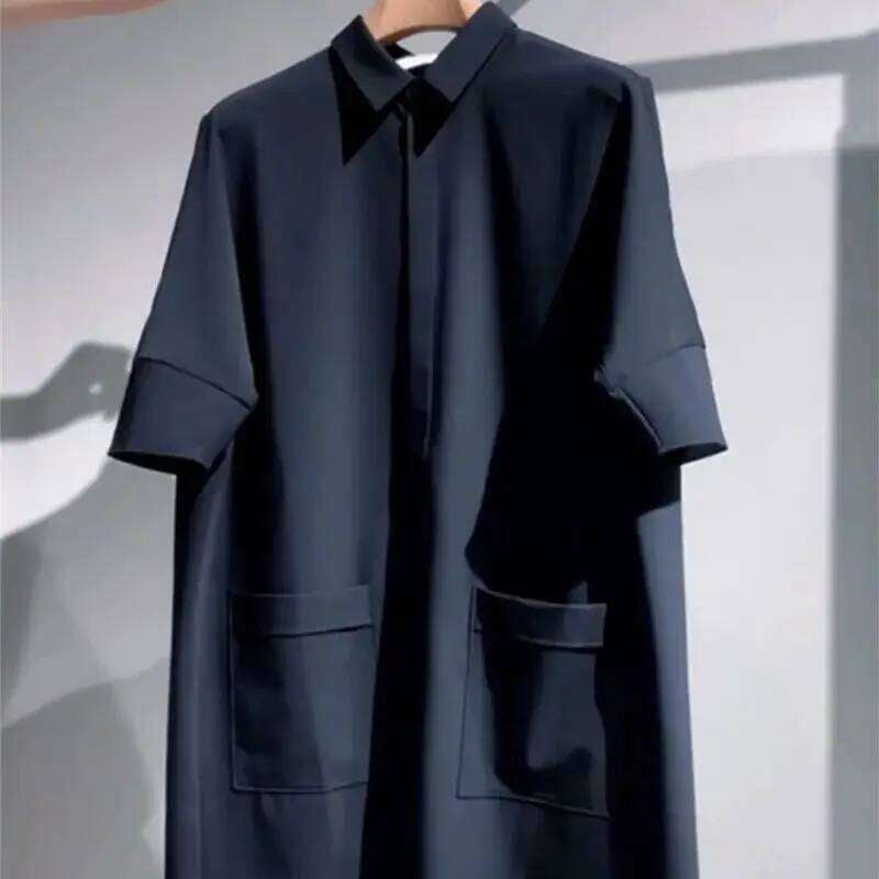 Limiguyue Summer Elegant Polo-neck Shirt Dress Women Vintage Fashion Casual Loose Midi Dresses Pocket Design Black Vestidos 099P