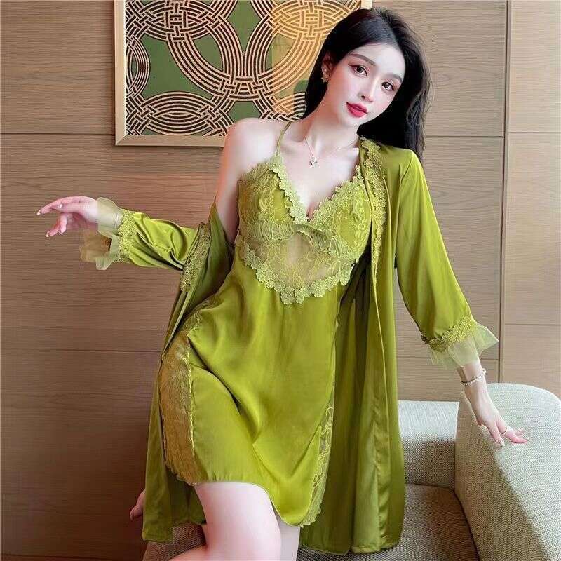 Sexy Strap Nightdress New Women's Summer Pure Desire Style Ice Silk Backless Hollow Out Lingerie Sleepwear Robe Two-Piece Set