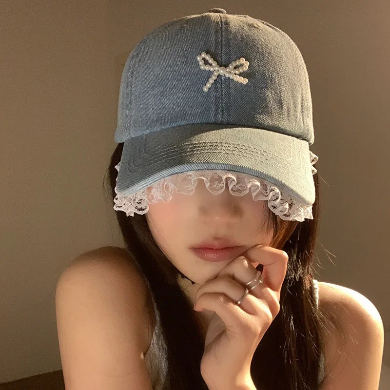 Denim Diamond Bow Kont Baseball Cap Korean Y2k Fashions Lace Baseball Hip Hop Hat Summer Sun Protection Beach Hat 250603