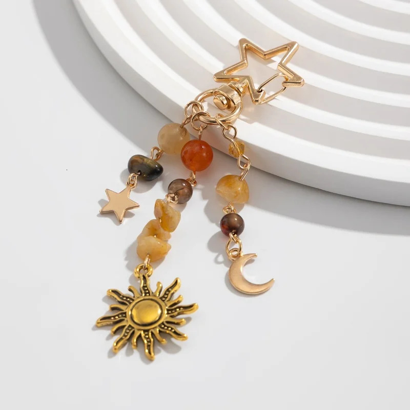 Punk Stars Moon Sun Pendant Bag Keychain for Women Girls Charm Boho Colorful Beads Key Ring Bag Chain Y2K Jewelry Gift 250605
