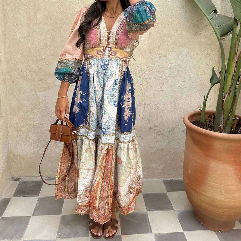 Fashion Printed Patchwork Loose Dresses Spring Women Retro Puff Sleeve Long New Summer High Waist V Neck Knee Length Dress