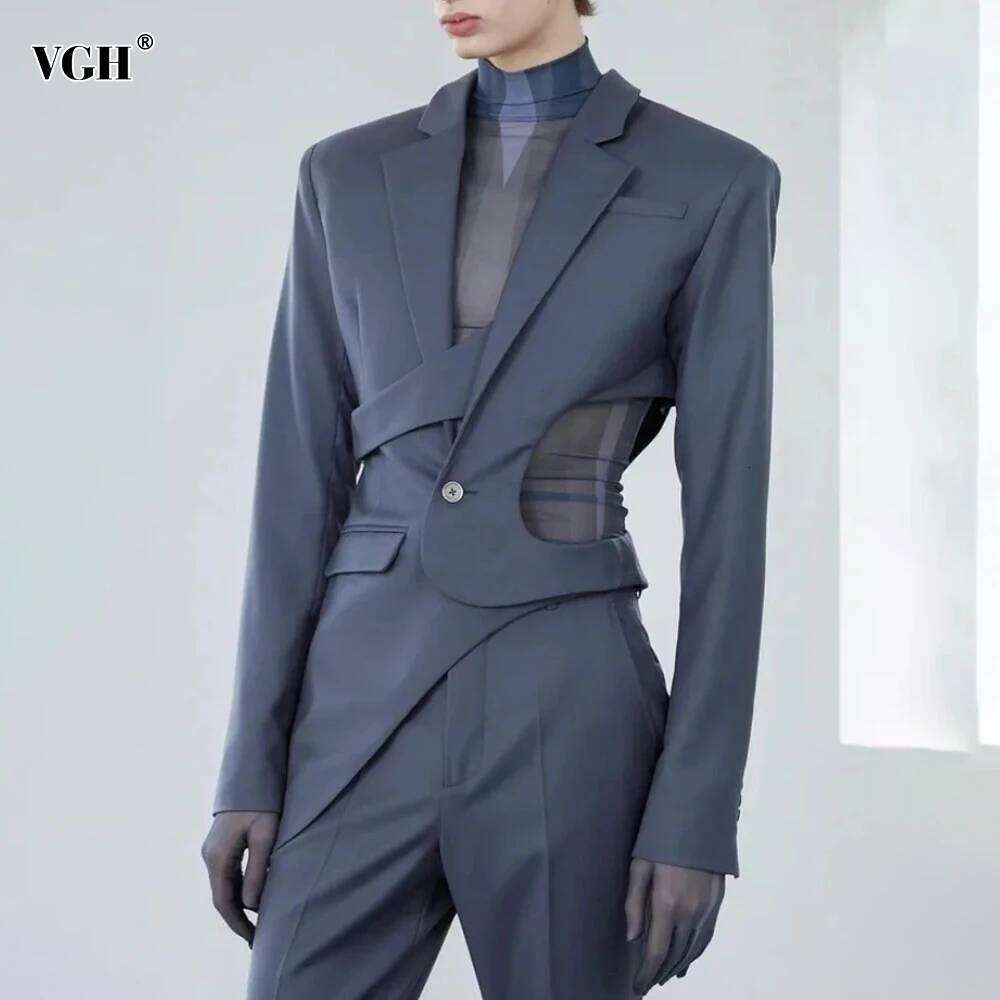 Coats Designer Women VGH Solid Hollow Out Casual Irregular Blazers For Women Notched Collar Long Sleeve Spliced Button Temperament Blazer Female New D