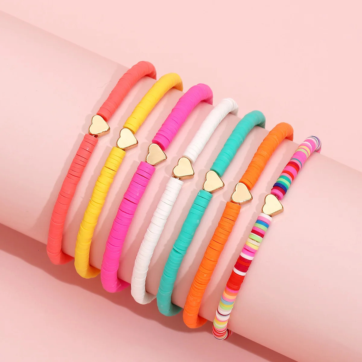 7Pcs Colorful Stackable Anklet Set For Women Heart Charm Soft Clay Pottery Layering Ankle Bracelet Girls Summer Beach Jewelry 250528