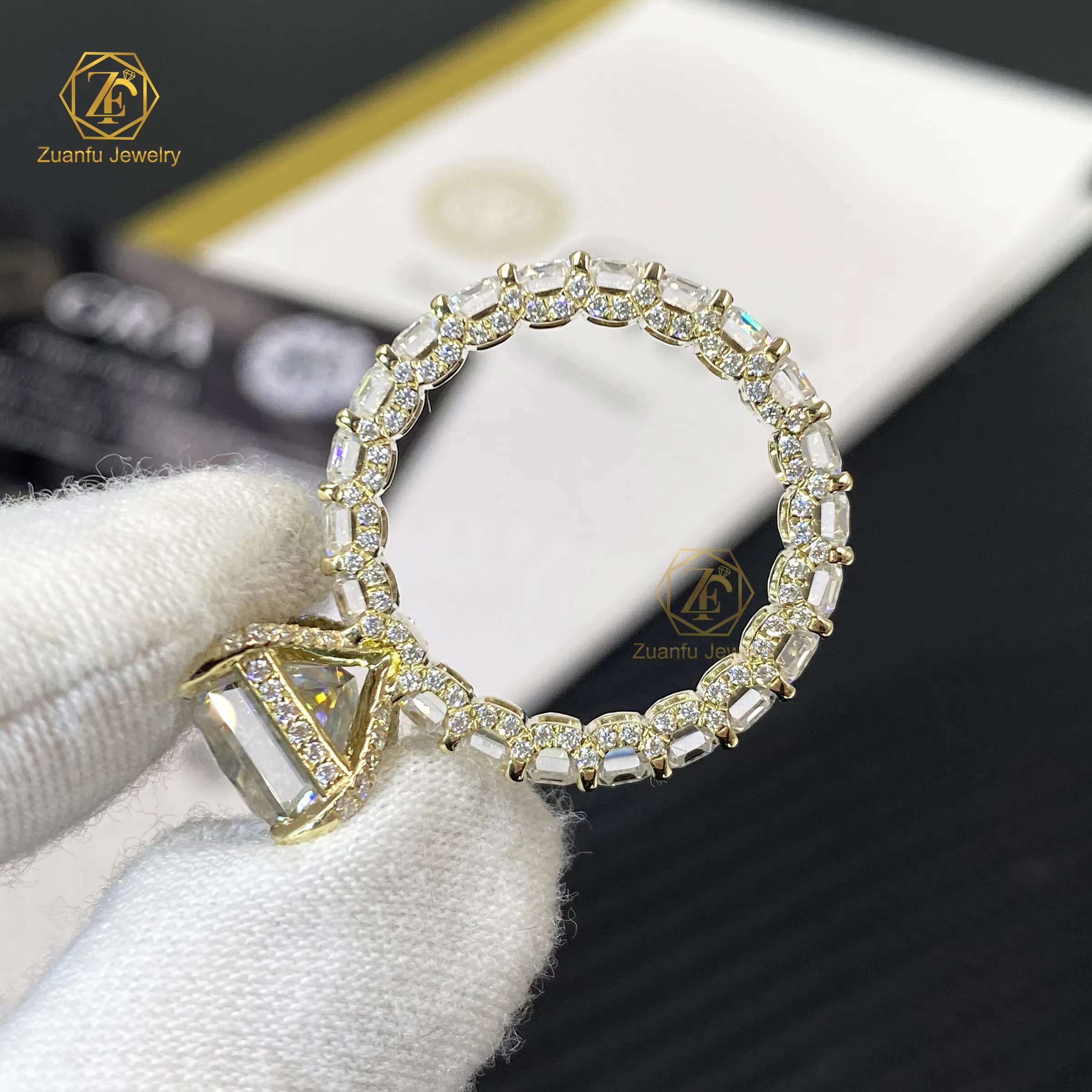 Full Eternity Emerald Band 3x4mm with 5carat Radiant Diamond Ring 14K White Gold Moissanite Diamond Ring