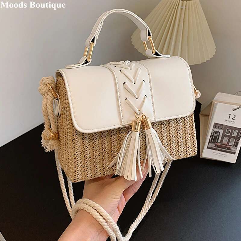 MOODS Straw Beach For Women Summer New Designer Handbags Hit Color Tassels Shoulder Crossbody Box Bag Sac A Main