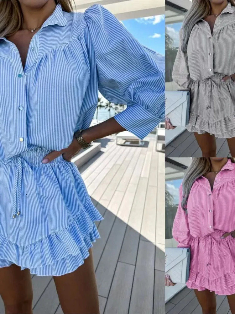 Casual Stripe Printing Shirt And Skirt 2 Piece Set Womens Suit Autumn Long Sleeve Fashion Ruffles Lace Up Skirts Sets For Women 250605