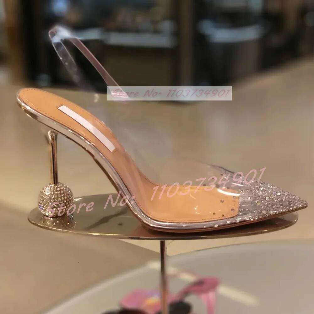 Pointy Toe Crystals Clear Women Fashion Thin High Metal Ball Heels Back Strap Shoes Lady Elegant Sexy Party Chic Sandals