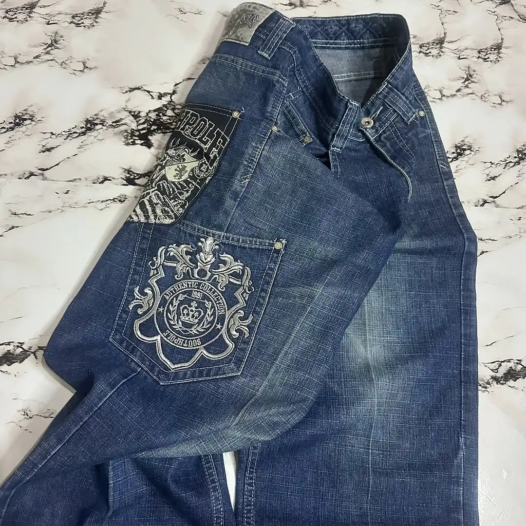 Y2K Trendy Street High Waist Loose Women Jeans Hiphop Goth Casual Wideleg Pants Blue Harajuku Retro Multipocket Straight Pants 250604