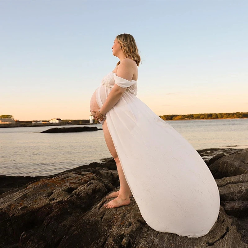 Maternity Lace Dress Sexy Gown Off Shoulder Long Pregnancy Dress Po Shooting Women Fancy Clothing Slit Dress for Poshoot 250530