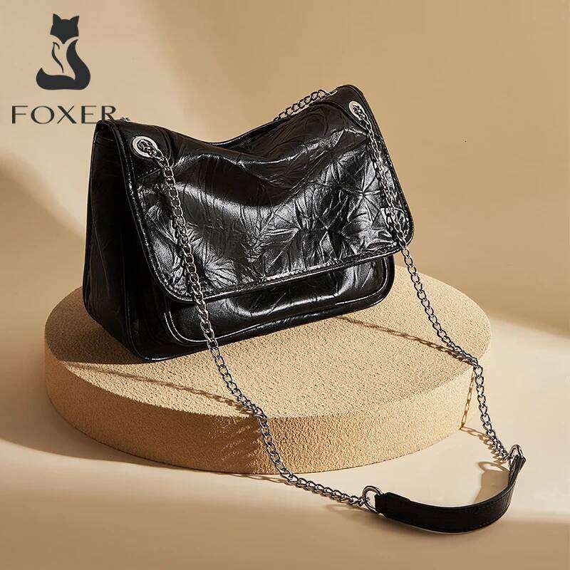 OLOEY FOXER Women Genuine Leather + PU Shoulder Handbag Classic Fashion Black Tote Chain Bag